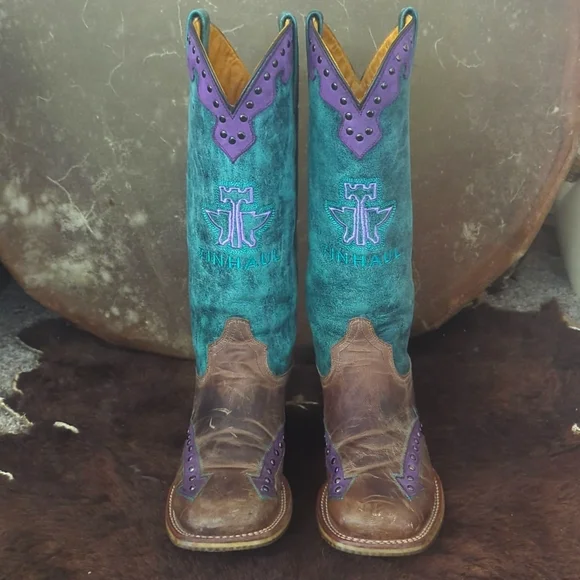 TIN HAUL ladies "WILD ROSE" cowboy boots brown/teal/purple leather Arrows sz 8 - Picture 9 of 16